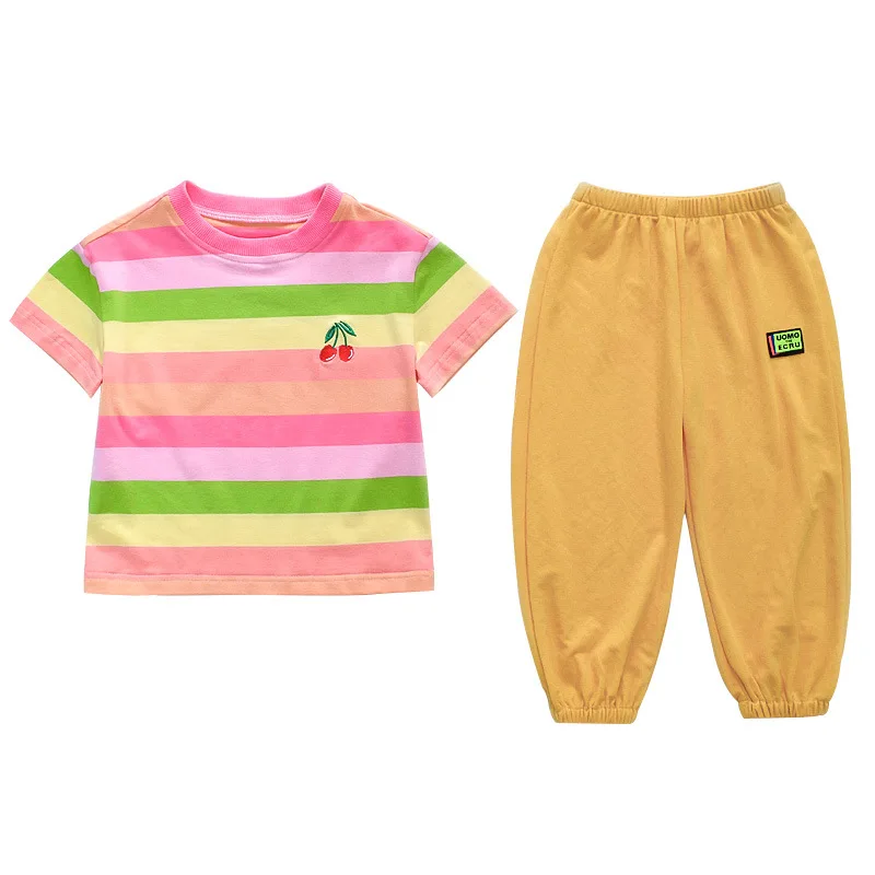 

Suit Girl Striped Cherry 2021 Summer New Baby Two Piece Sets Contrast Color Sweet Style Casual Kids T Shirt And Pants