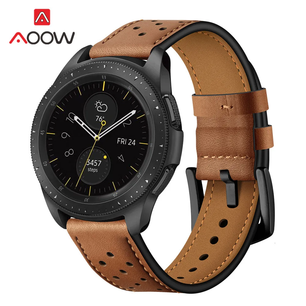 20 мм 22 мм ремешок для часов из натуральной кожи для samsung Galaxy Watch 42 мм 46 мм версия черные коричневые отверстия замена Браслет ремешок