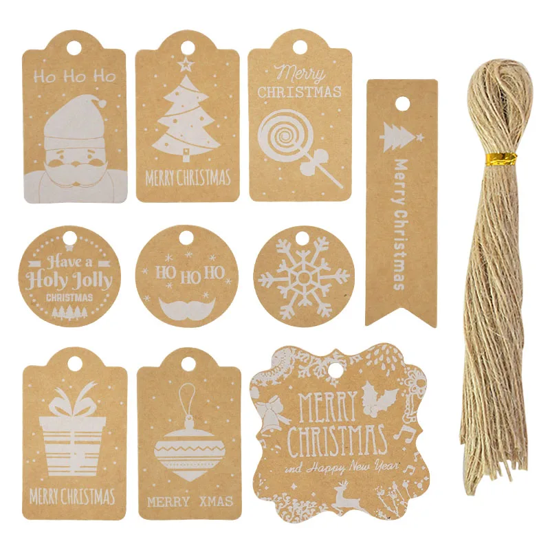 

50pcs 10 Styles Christmas Kraft Paper Tags With Rope Product Hang Tags Merry Christmas Decoration Package Bag Wrapping Supplies