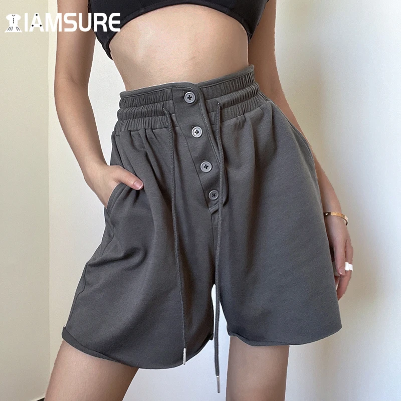 

IAMSURE Casual Drawstring Botton Fly Shorts Solid High Waisted Sport Activewear Women 2021 Fashion Sweatpants Trackpants Ladies