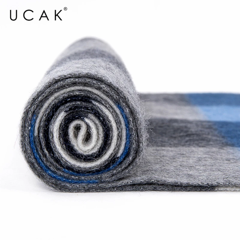 UCAK Brand Autumn Winter Warm Scarfs Soft Men Women Casual Plaid Pure Wool Scarf Shawl Wrap Knit Long Striped With Tassel A17