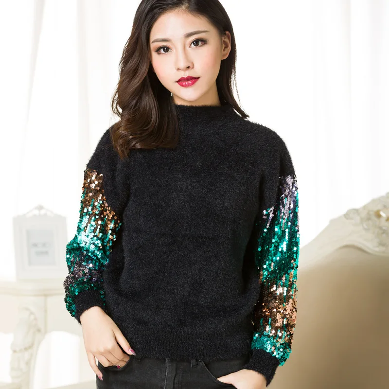 Metallic Sequin Sleeve Fuzzy Angora Sweater Women Autumn Winter High Street Knitted Jumper Pullovers * | Женская одежда