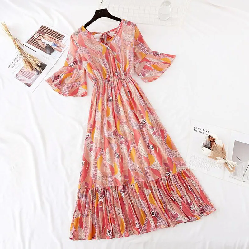 Женское винтажное платье миди с цветочным принтом коротким рукавом и оборками