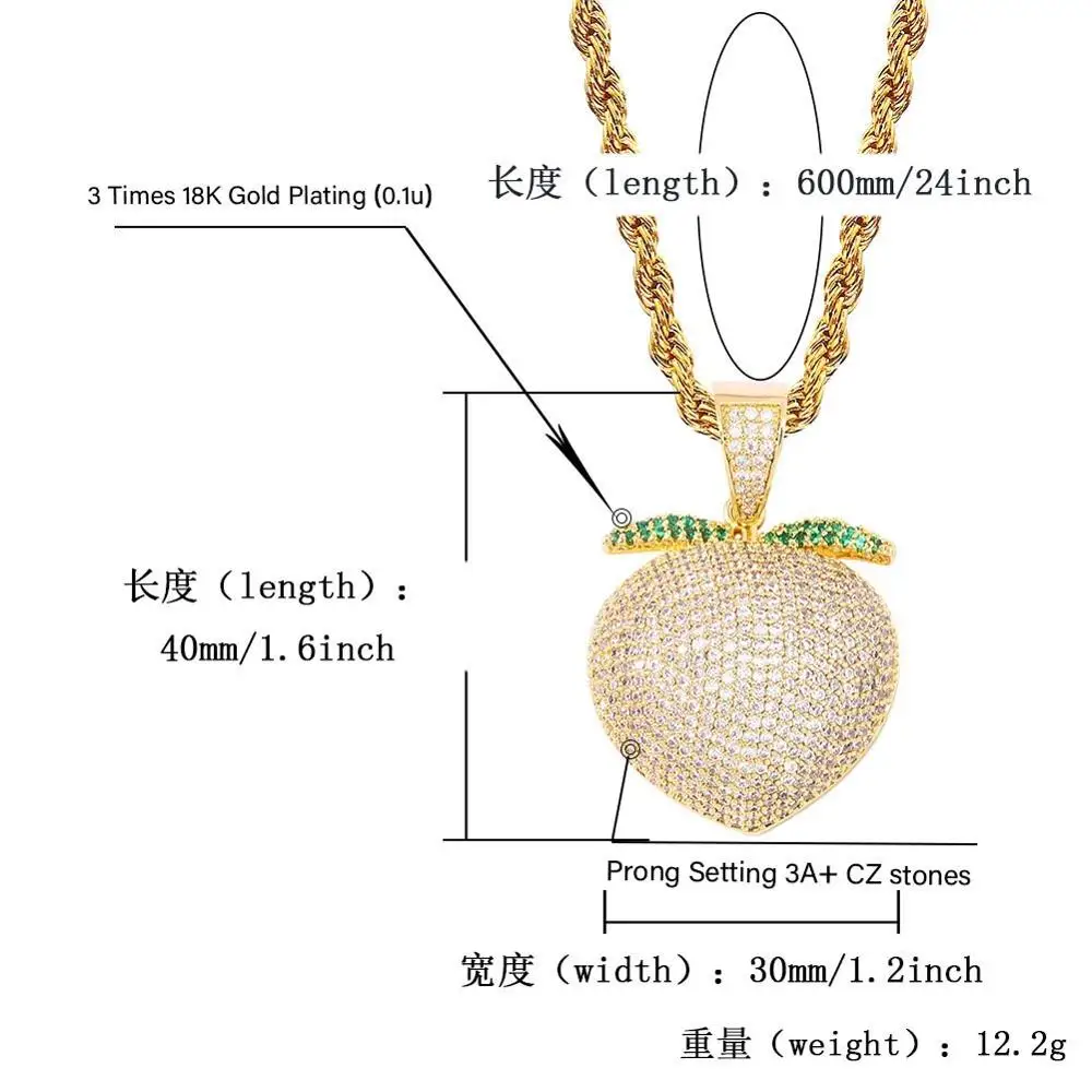 New Iced out Fruit Pendant Necklace With Tennis Chain Gold Color Cubic Zirconia Mens Women Hip hop Jewelry Bling | Украшения и