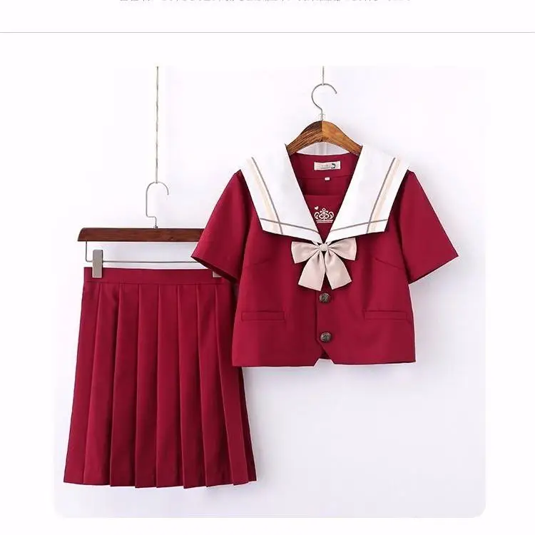 

Red Japanese School Uniform For Girls Sweet Lolita Sailor Korean Uniforms Cosplay Long Sleeve Shirt Pleated Skirt Student Set