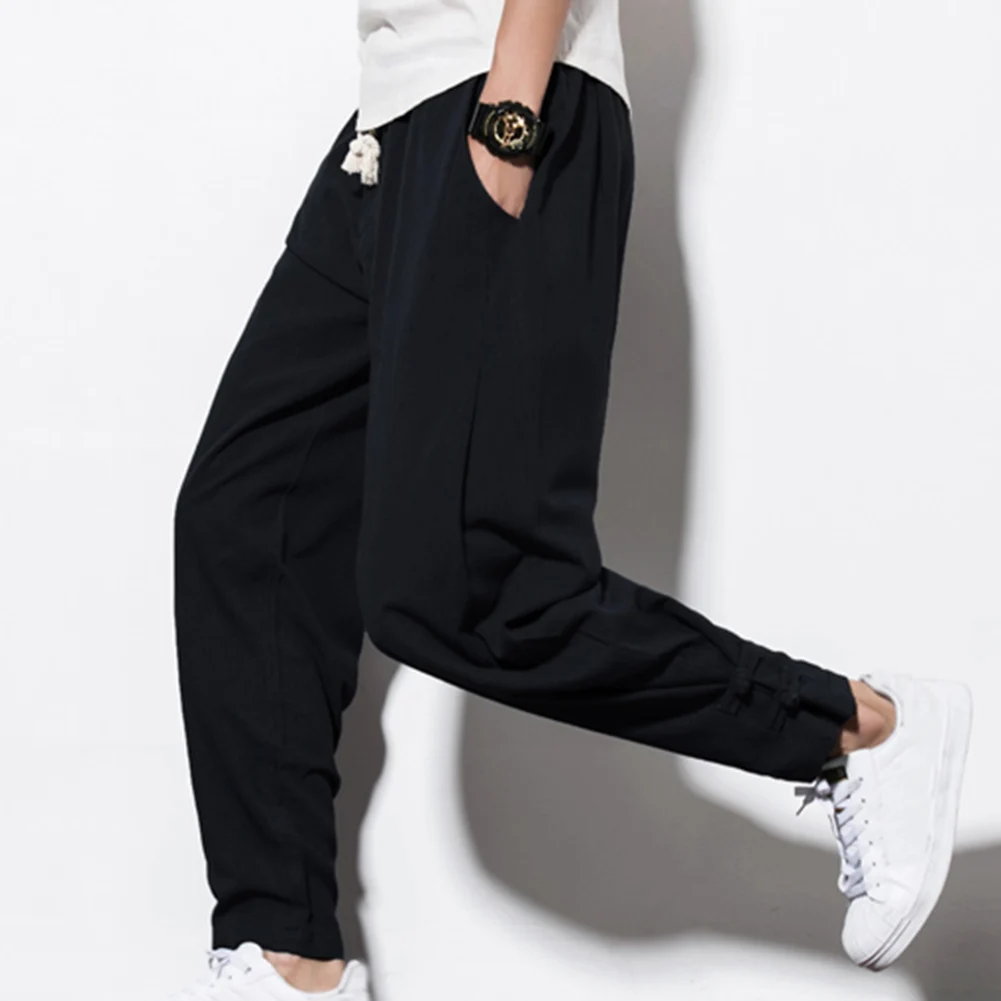 Брюки мужские повседневные с завязкой и карманами размера плюс шаровары из