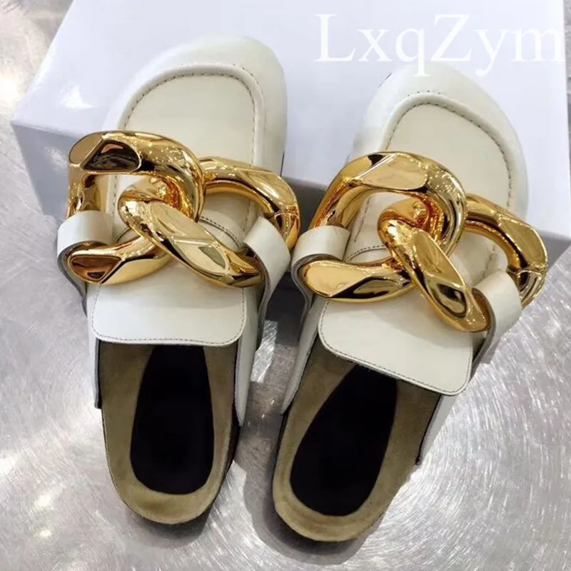 

Thick Sole Gold Chain Decor Round toe Flat Light Comfortable Mules Lazy Loafers Shoes Women's Outdoor Slippers female Shoes