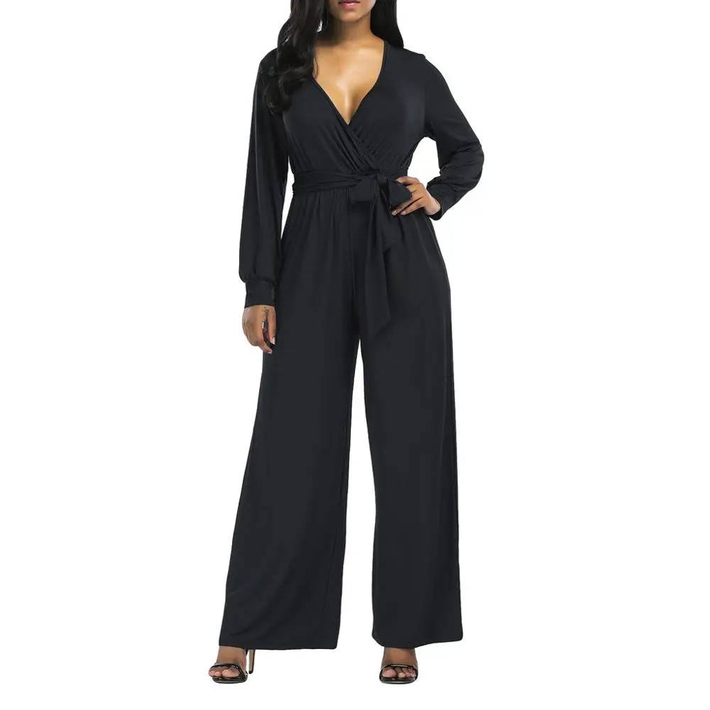 Комбинезон женский стрейчевый однотонный с длинным рукавом и V образным вырезом|