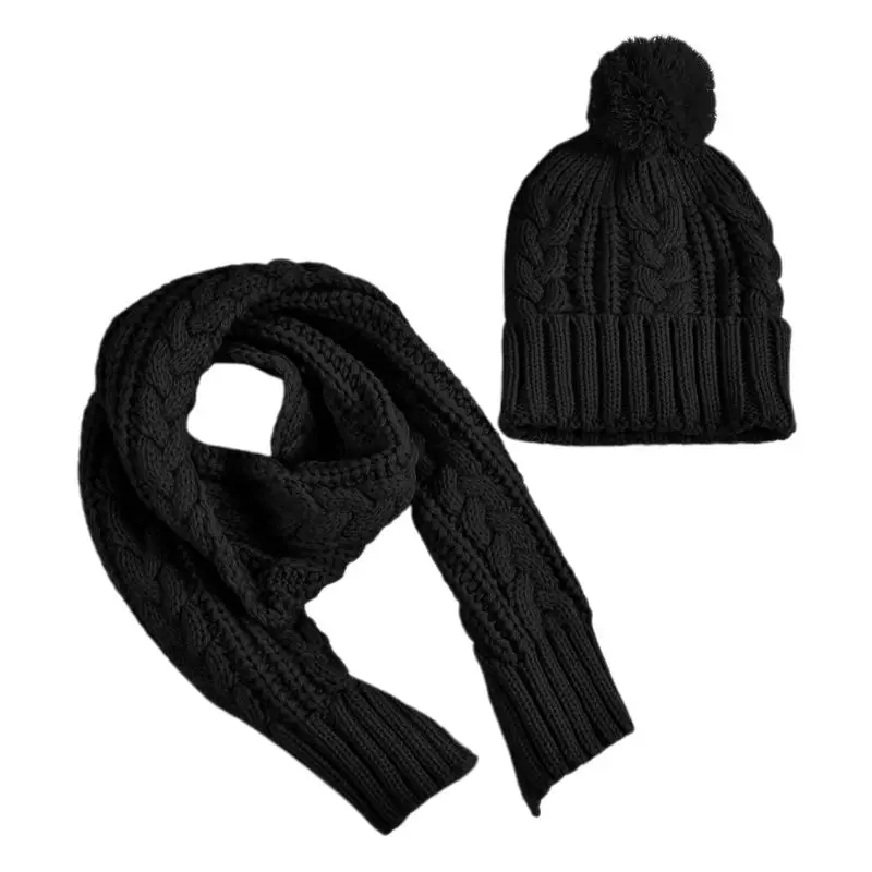 

Women Girls Winter Chunky Braided Cable Knit Hat Scarf Set Solid Color Cuffed Beanie Cap with Pompom Long Neck Warmer