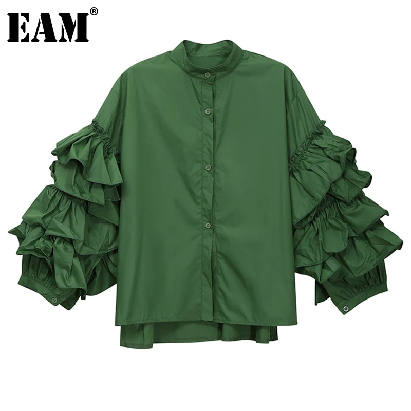 

[EAM] Women Green Ruffles Big Size Blouse New Stand Collar Long Sleeve Loose Fit Shirt Fashion Tide Spring Summer 2022 1DE0247