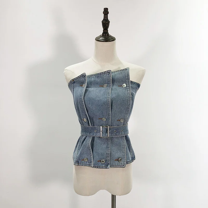 

Strapless Women's Vests Sexy Irregular Sleeveless High Waist With Sashes Vest For Female Fashion Clothing Tide