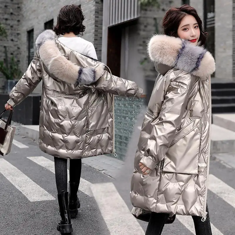 

White duck down 2021 new down jacket women bright face mid-length fashion Korean loose down jacket long coat