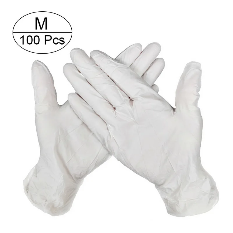 white M 100 шт 3 цвета одноразовые латексные перчатки для мытья посуды/кухни/медицинских/рабочих/резиновых/садовых перчаток универсальные для левой и правой руки - Цвет: white M