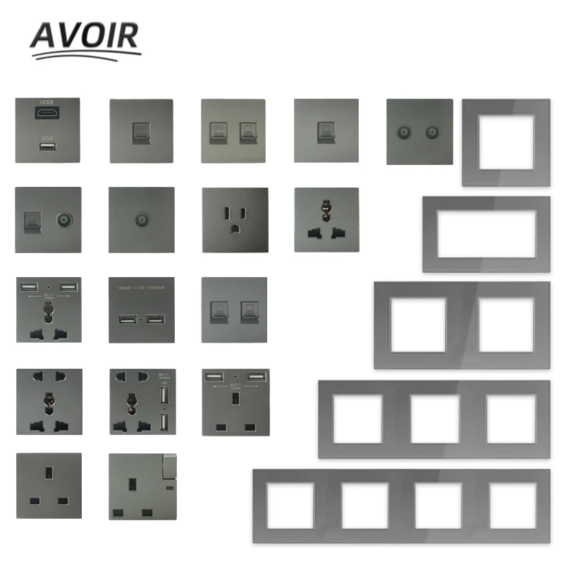 

Avoir DIY Free Combination Usb Wall Socket Electrical Outlet TV Network Internet rj45 HDMI Sockets Function Key Gray Glass Panel