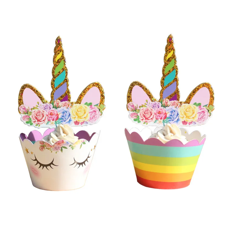 24Pcs Unicorn Rainbow Cake Toppers Cupcake Wrappers Birthday Party Decoration Baby Shower Supplies | Дом и сад