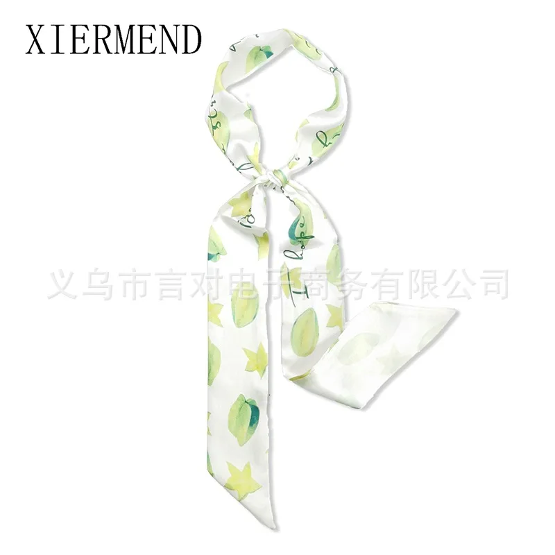 

2021 New Summer 126*6 Fruit Small Hairband Lovely Print Long Silk Scarf Wrist Ribbon Skinny Scarf For Women