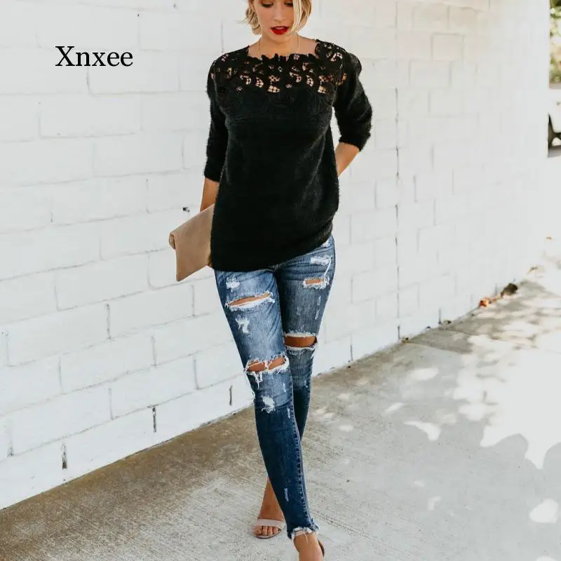 

New Fashion Women's Loose Knit Pullover Sweater O-Neck Long Sleeve Knit Top Lace Edge Floral Collar Winter Streetwear