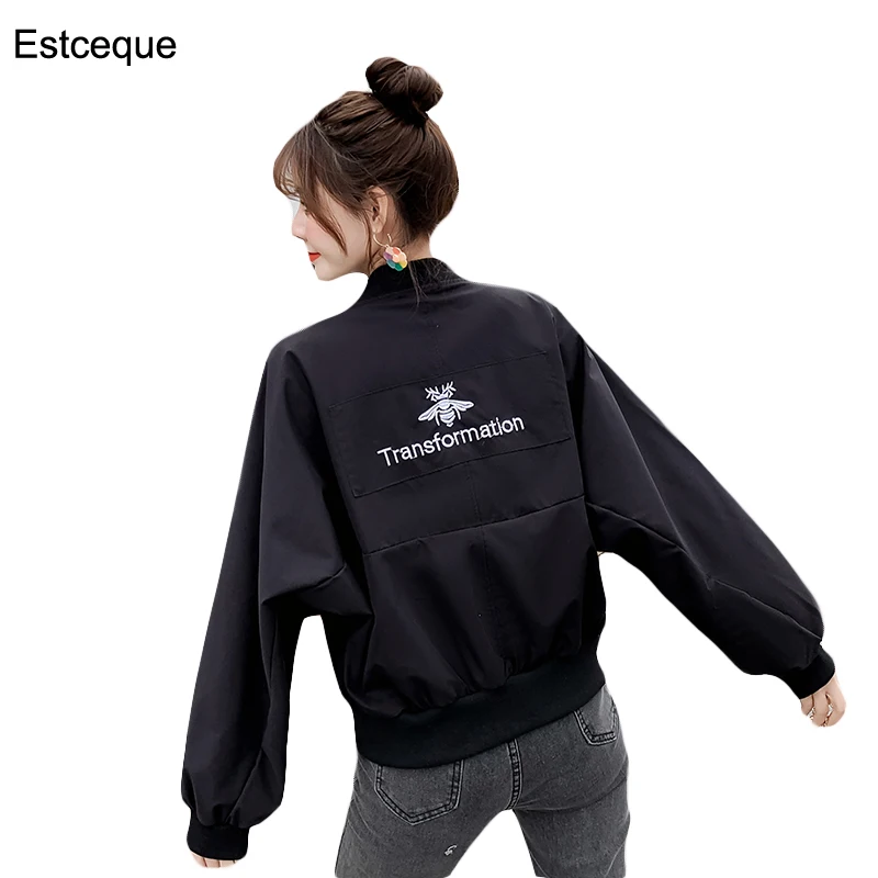 

Short Jacket Women Autumn 2020 New Korean Loose Bat Sleeve Black Jacket O-neck Embroidery Womens Outerwear Zipper Jackets