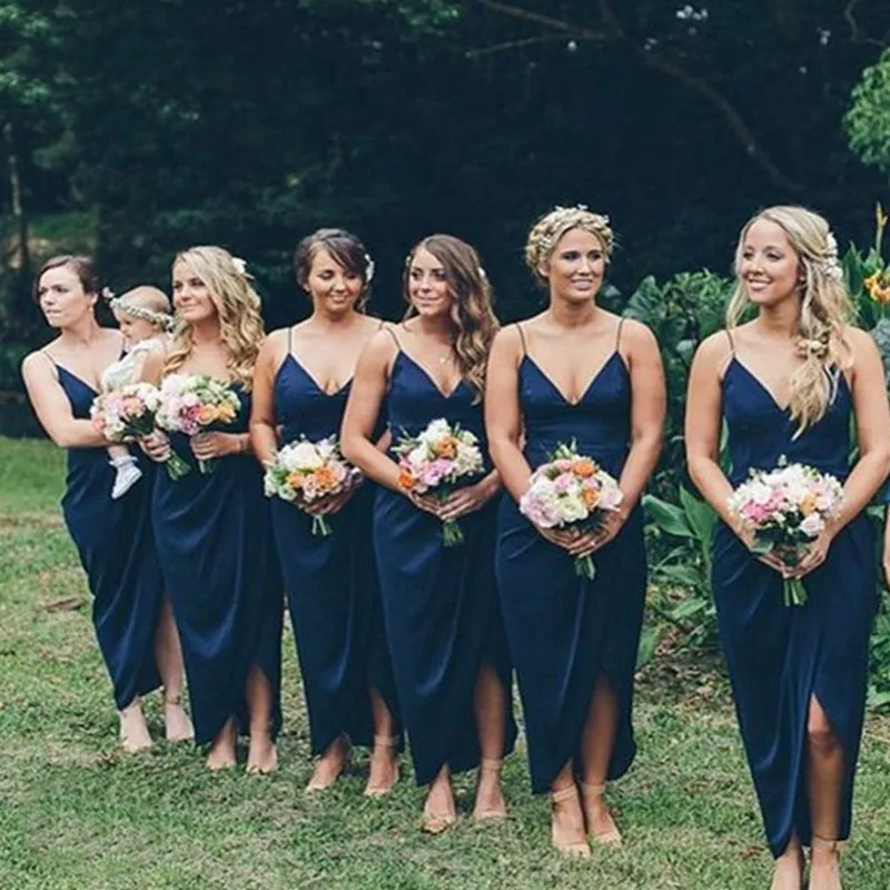 

Темно-синее атласное платье для подружки невесты на тонких бретельках с V-образным вырезом, свадебные вечерние платья, Макси-платья, платье ...