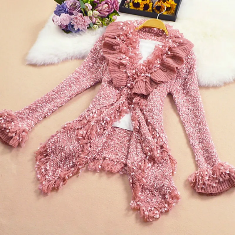 Женский кардиган с воланами Яркий шелковый Асимметричный вязаный кисточками