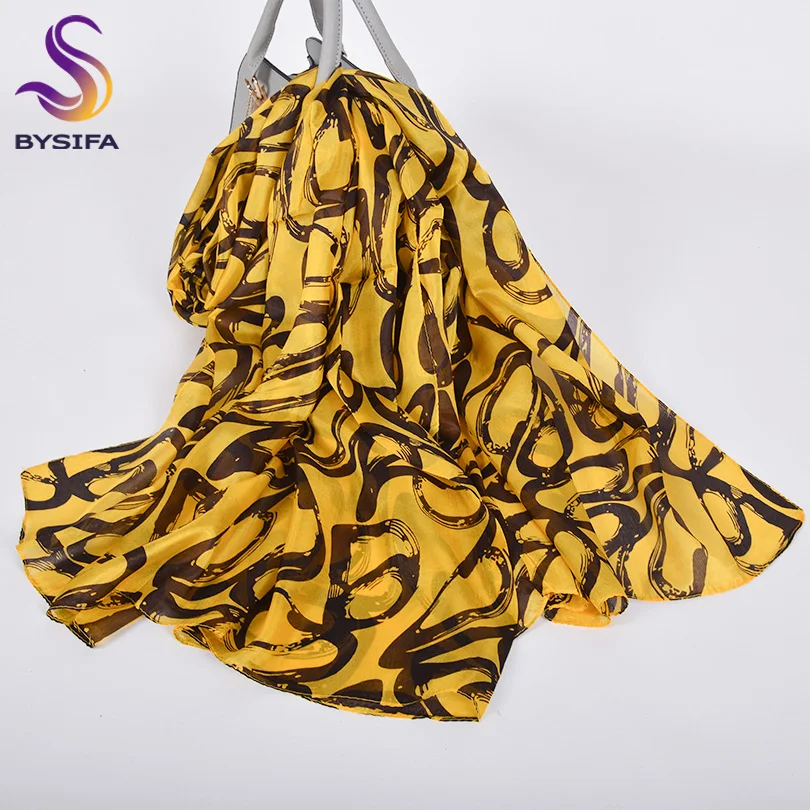 BYSIFA женский зеленый шелковый шарф с граффити шаль Осень зима 100% шелк длинные