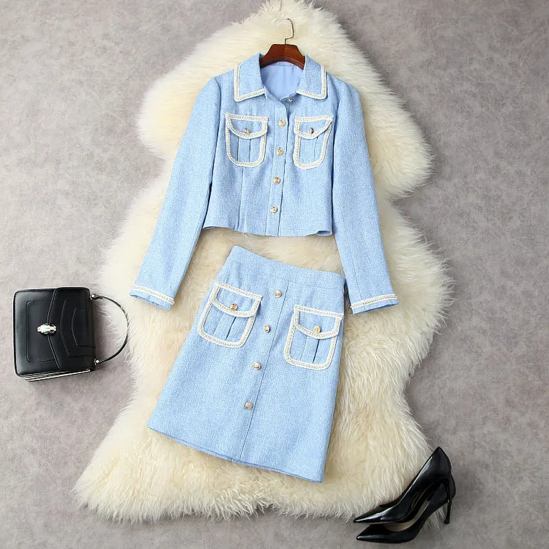 

Women's Clothing Set 2021 Autumn Winter Turn Down Collar Single Breasted Short Jacket + Beading Pocket Tweed Skirt Suits S-XL