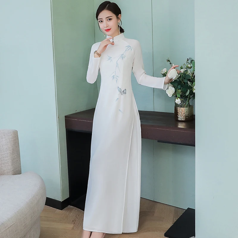 Вьетнамский Ао Дай платья Cheongsam народный стиль шифон Aodai Dulce стоячий воротник