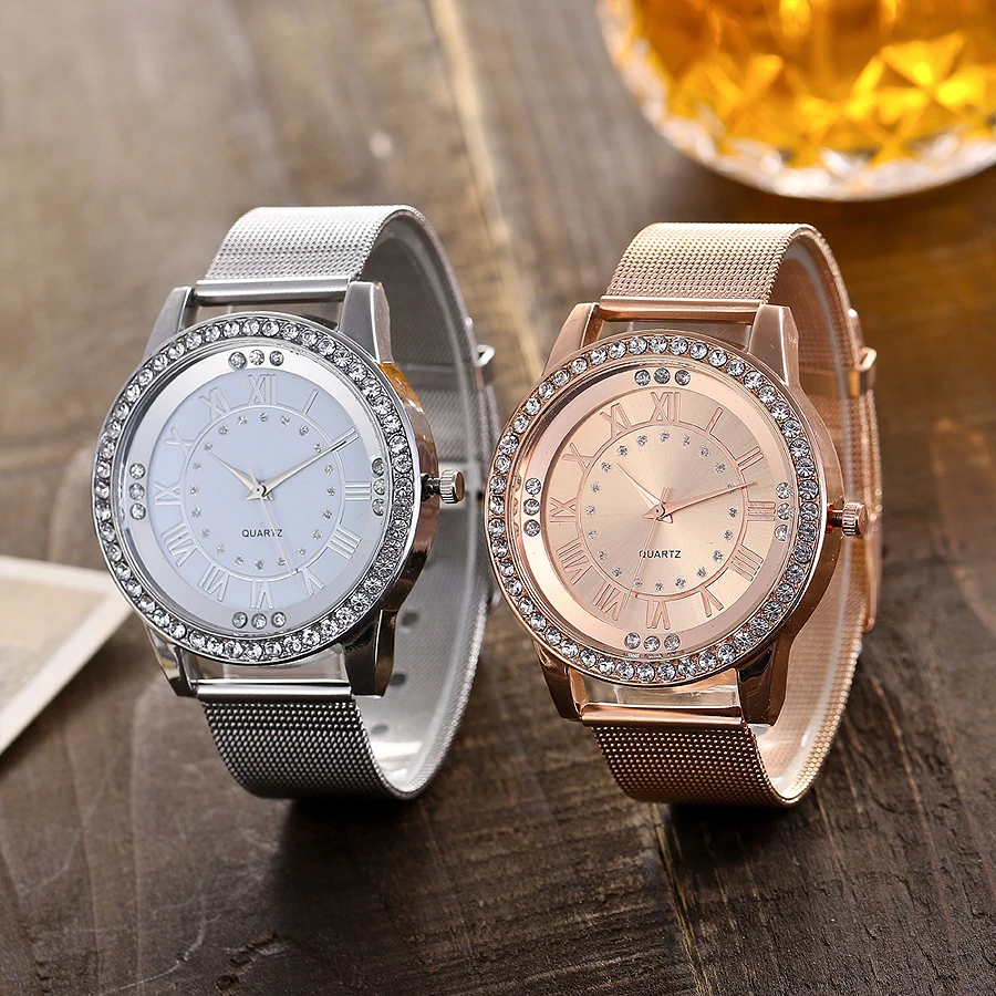 

Women Rhinestone Watch Fashion Casual Women Silver & Rose Gold Mesh Wristwatches Gift Clock Relogio Feminino Hot