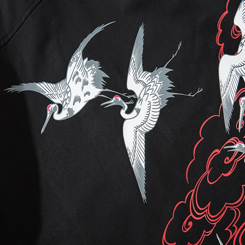 

New Autumn Men Crane Printed Long-Sleeve Loose Shirt Japan Style Open Stitch Casual Streetwear Slim Cotton Shirt Hipster Tops