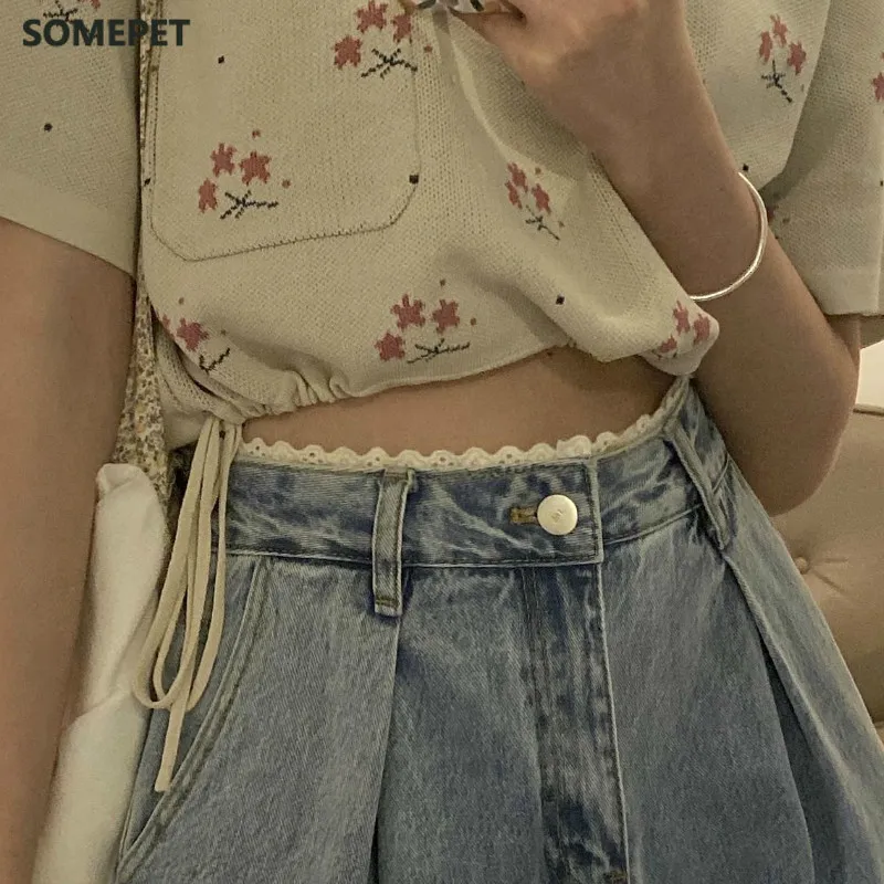 

Women Jeans Vintage Female Wide Leg Trousers Lace Pleated Womens Clothes Casual Loose 2XL BF High Waist Fashion Korean Style New