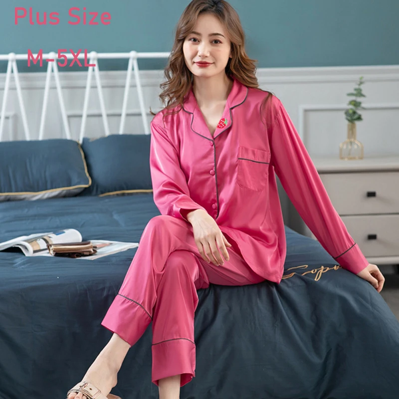 

Plus Size M-5XL Luxurious Silk Women Pajamas Set Senior Solid Color Female Pyjamas Long Sleeve Soft Sleepwear Casual Home Suit