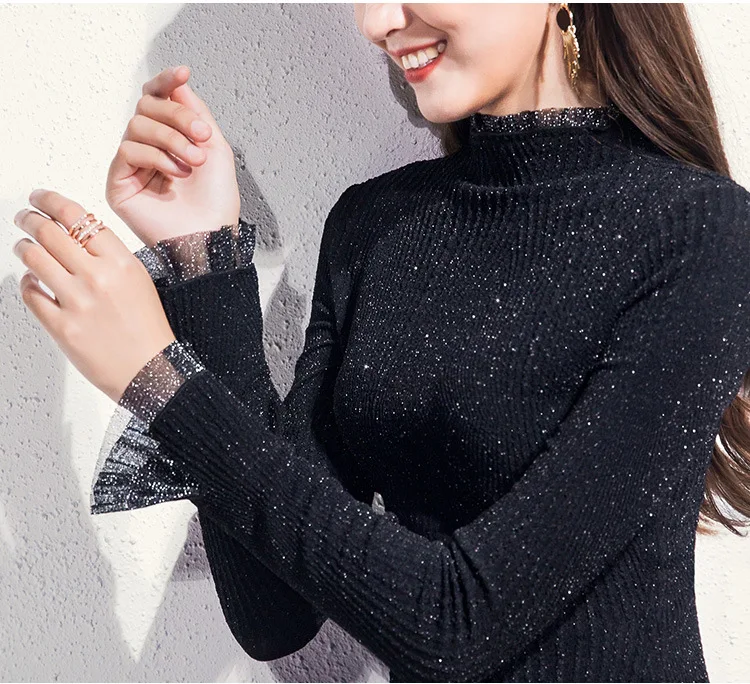 

IZEVUS New Women's Ruffled Flare Sleeve 2019 Spring Autumn Female Shining Silk Shirt Long Sleeve Slim Fit T Shirt Bottom Shirts