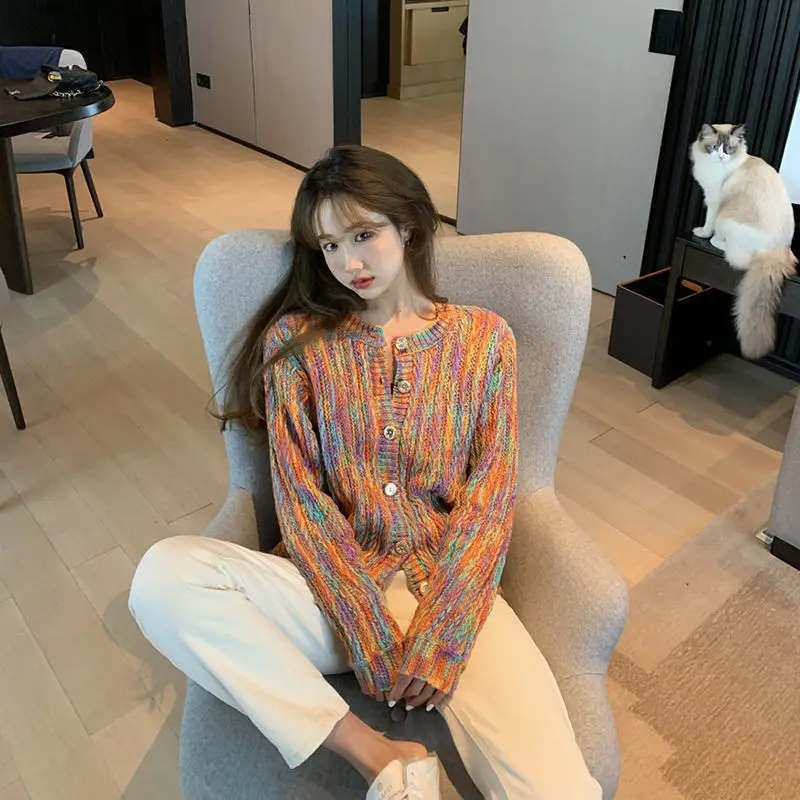 

Vintage Rainbow Color Contrast Sweater Cardigans Women's Autumn Winter Lazy Wind O Neck Long Sleve Button Short Sweaters Outwear