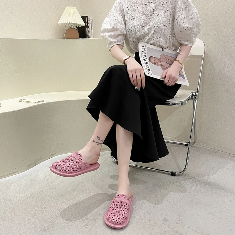 

Beach Shoes Ladies' Slippers Low Luxury Slides Cover Toe Sabot Soft Designer Rubber Flat Summer PU Fretwork Cotton Fabric Fashio