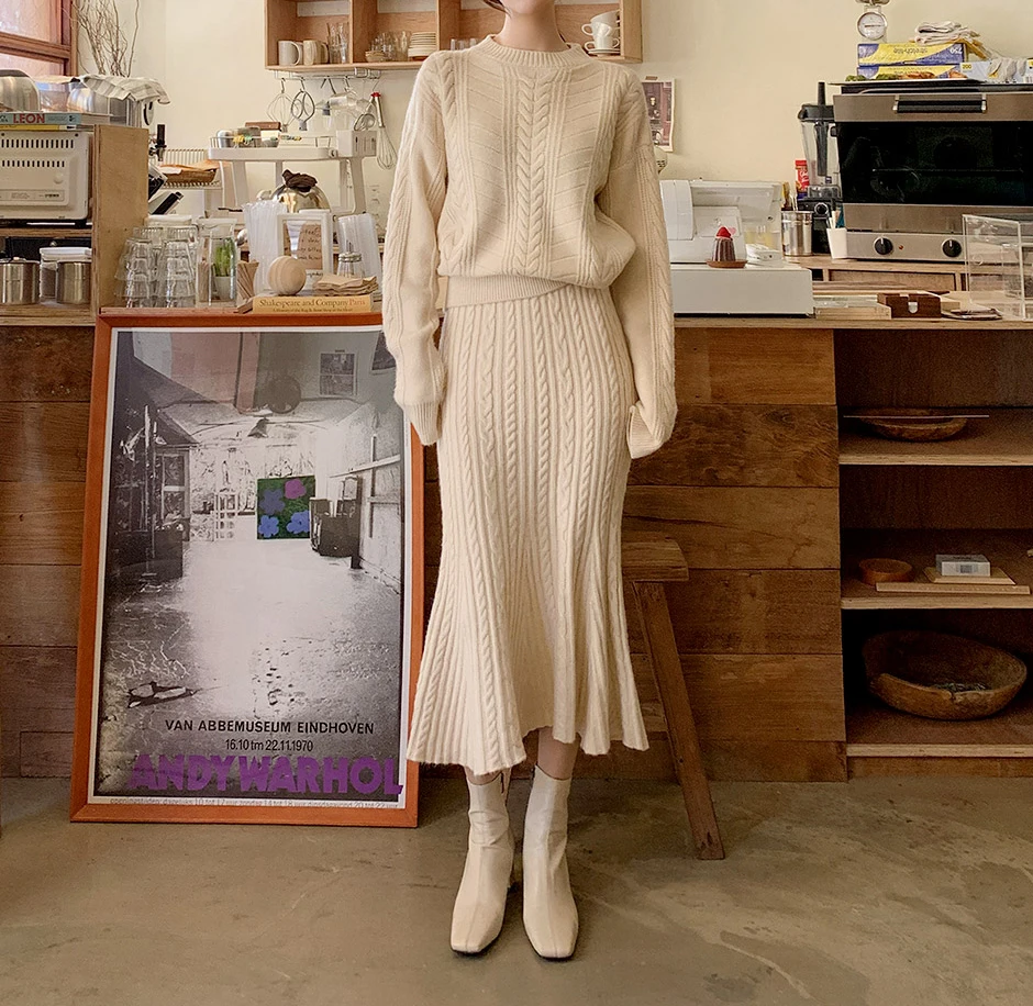 

Женский костюм-двойка с юбкой и свитером, Осень-зима, длинный спортивный костюм выше колена