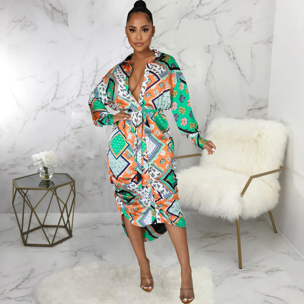 

2022 New Blouse Dress Ladies Casual Loose Long Sleeve Short Dress Vintage Print Belt Single Breasted Lapel Dress