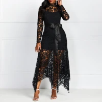 tanpell black sexy hollow lace evening dress long sleeves high waist mermaid asymmetrical floor length women evening dress 2020