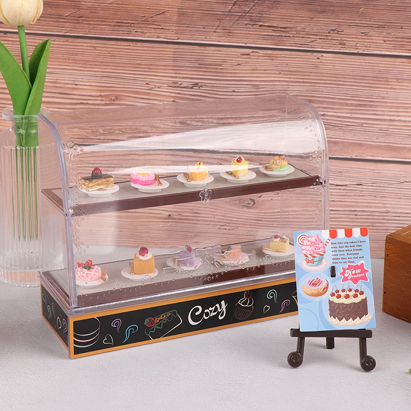 

1Set Mini Cake Counter Advertising Frame Wooden Showcase Cabinet Dollhouse Fruniture Decor