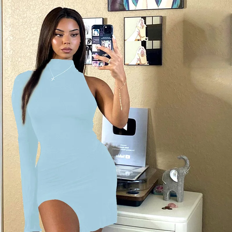 

Simenual One Shoulder Long Sleeve Women Bodycon Party Dresses Side Slit Autumn Fashion Sexy Skinny Clubwear Mini Dress Solid Hot