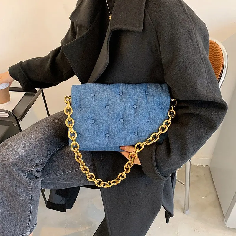 

Branded Women's Shoulder Bags 2021 Denim Quality Thick Metal Chain Shoulder Purses And Handbag Women Clutch Bags Ladies Hobo Bag