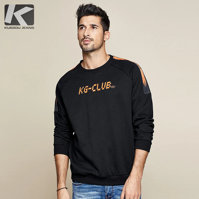 KUEGOU 2019 осенние хлопковые черные толстовки с принтом букв Мужская модная Японская