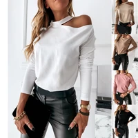 autumn winter top women sexy hanging neck strapless splicing temperament t shirt fashion simplicity solid long sleeve tshirt new