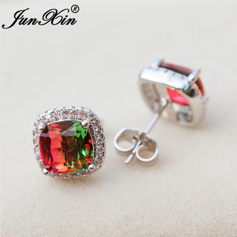 Женские квадратные серьги Мистик Радуга огненный кристалл принцесса белые