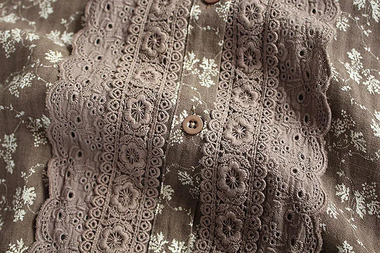 

8345 New Autumn Cotton Linen Women Dress Mori Girl Vintage Lace Print Turndown Collar Long Sleeve Loose Midi Dress Women