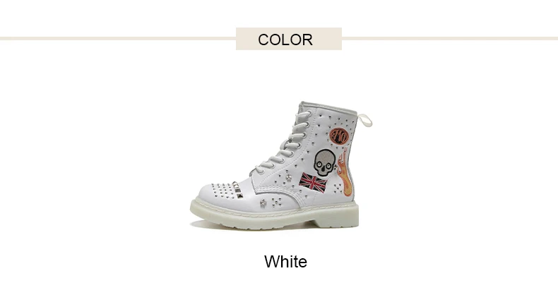 Autumn Winter Skull Rivet Women Ankle Boots White Genuine Leather Woman Boots Round Toe Lace Up Shoes Motorcycle Female Footwear