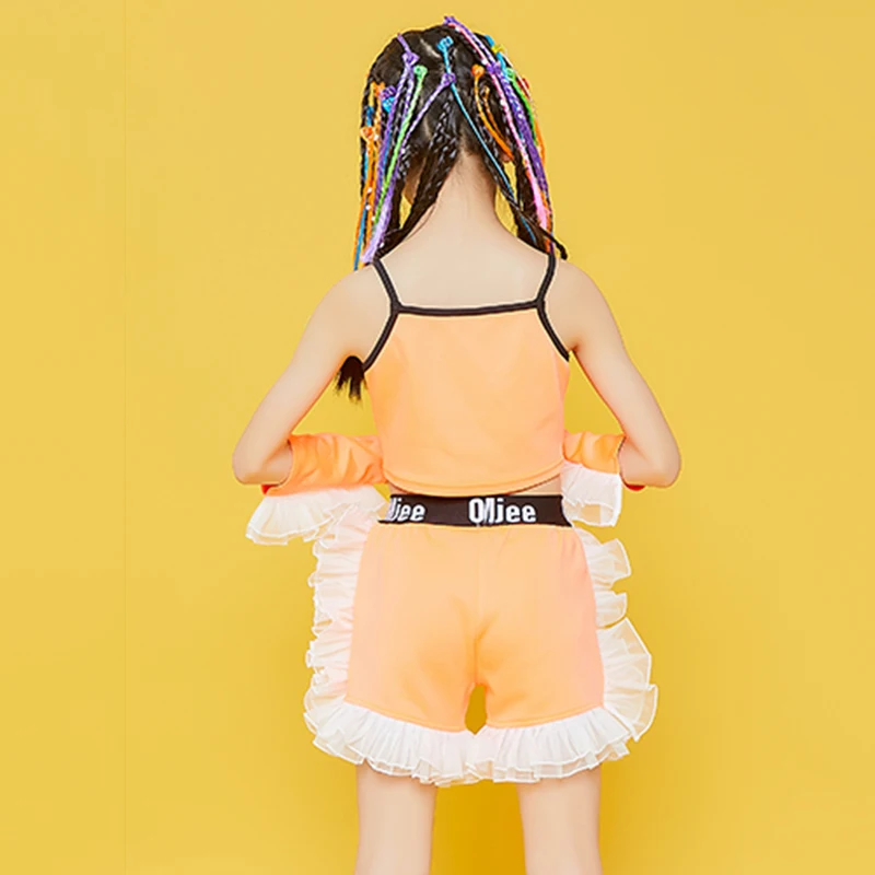 

2020 Girls Jazz Cheerleader Dance Costume Kids Orange Hip Hop Clothing Street Dancing Outfit Modern Stage Performance Wear