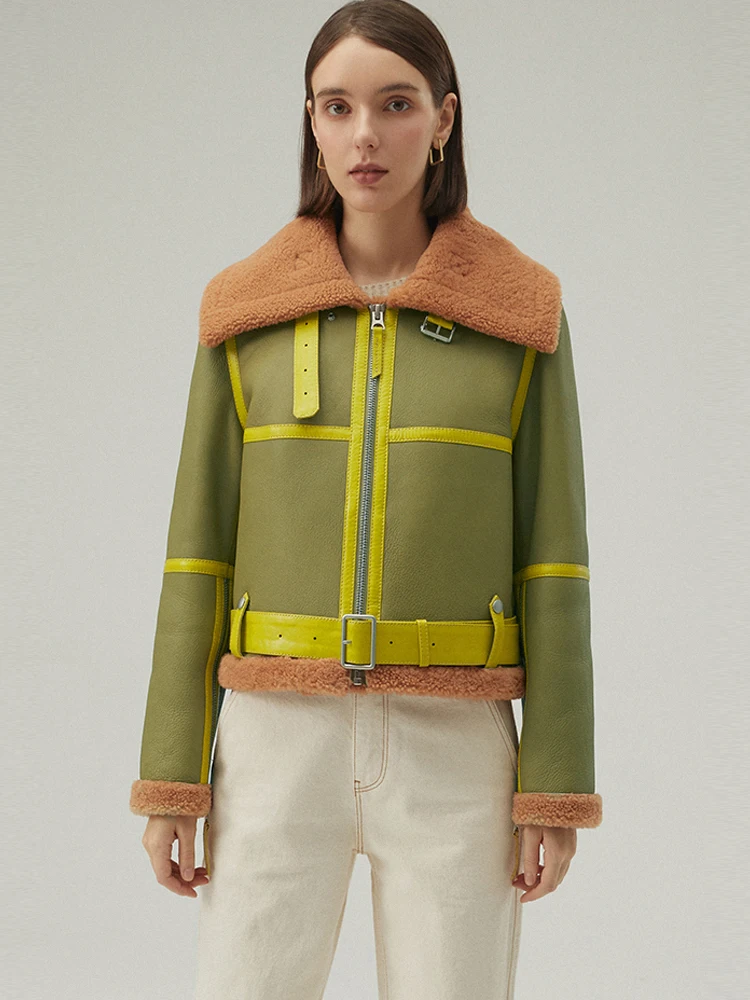 2020 New Womens Shearling Coat Short Leather Jacket Winter Fur Coat Fashion Motorcycle Jacket Green Bomber Jacket Womens