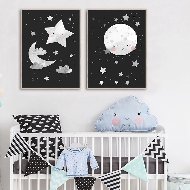 Черно-белый детский плакат Луна Звезда мультяшный фон Картина на холсте в