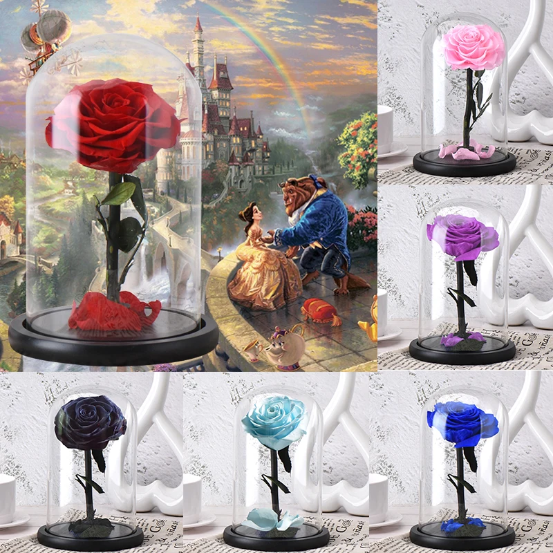 

6 Styles Wholesale The Beauty and The Beast Fresh Flowers Red Eternal Roses In A Glass Dome Valentine Christmas Gift Dropshiping