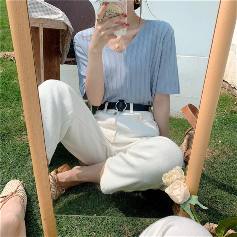 

Women T-shirts Off Shoulder Knitting Crop Tops Women Short Sleeve Stretchy Ruffles Hem t-shirts Stripes Tops For Women Shirts